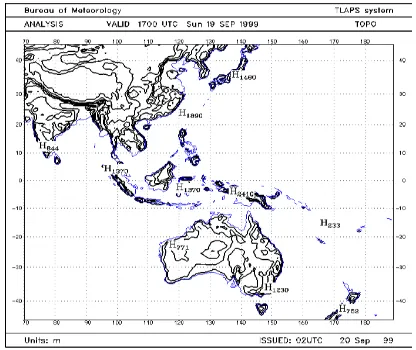 Gambar 3. Topografi Model TLAPS resolusi 0.1o yang dikembangkan oleh Bureau of Meteorology (BoM), Australia