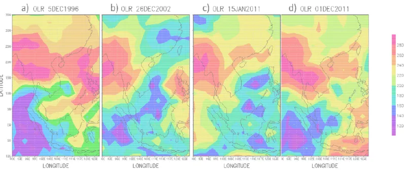 Gambar 4.3 Cold Surge yang teriteridentifikasi memiliki OLR < 200 Wm-2 di sekitar Asia Te Tenggara Tropis  