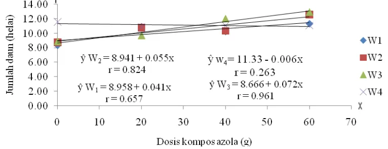 Gambar 7.  Hubungan waktu aplikasi kompos azolla dengan jumlah daun 5 MST pada berbagai dosis kompos azolla 