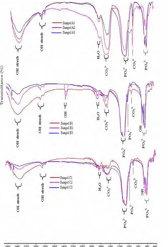 Gambar 6  Spektrum spektroskopi FTIR sampel A1, A2, A3, B1, B2, B3, C1, C2, dan C3. 