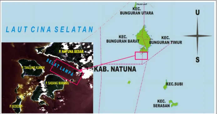 Gambar 2.  Lokasi penelitian di perairan Selat Lampa, Natuna, Kepulauan Riau (Saputra dkk, 2014).