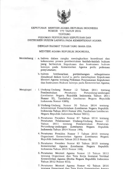 NOMOR 777 TAHUN 2016 TENTANG PEDOMAN PENYUSUNAN KEPUTUSAN DAN INSTRUMEN ...