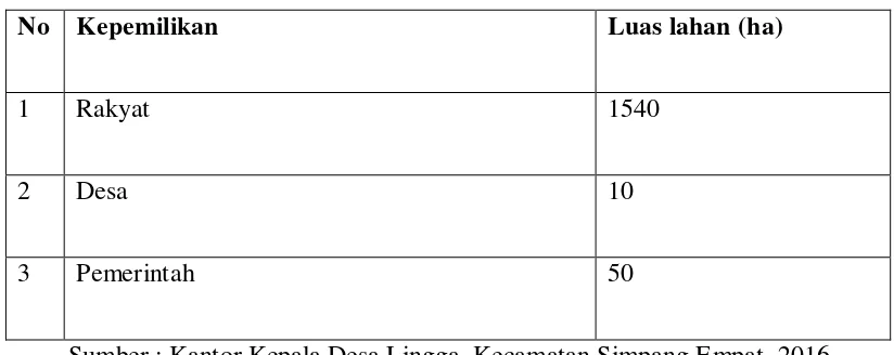 Tabel 4.1 Kepemilikan Lahan di Desa Lingga Tahun 2015 