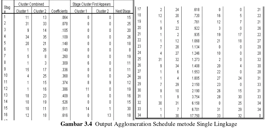 Gambar 3.4  Output Agglomeration Schedule metode Single Lingkage 