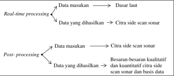 Gambar 4.1 memperlihatkan skema mengenai data masukan dan data yang  dihasilkan oleh real-time processing dan post-processing citra side scan sonar  dengan menggunakan perangkat lunak SonarPro