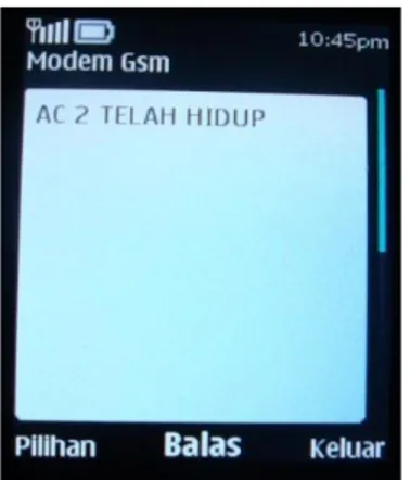 Gambar 7 memperlihatkan laporan berupa SMS balasan kepada  user mobile station  bahwa  lampu LED yang dianalogikan AC telah aktif