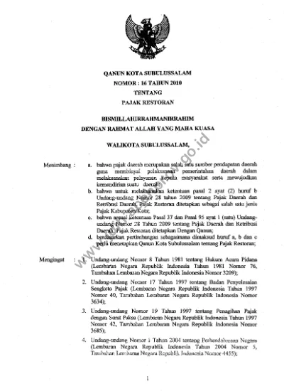 QANUN KOTA SUBULUSSALAM NOMOR : 16 TAHUN 2010 TENTANG PAJAK RESTORAN ...