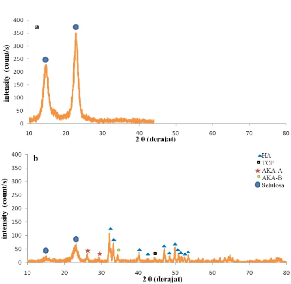 Gambar 6 Pola XRD sampel yang dihasilkan : (a) Selulosa bakteri nata de coco,                        (b) komposit HA/selulosa 