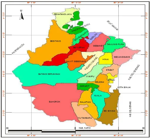 Gambar 4.1 Peta Kabupaten Langkat Sumber: BPS Kabupaten Langkat dalam Angka 2012 