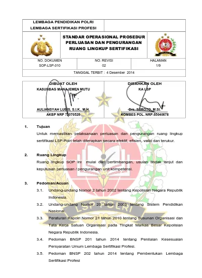 Standar Operasional Prosedur Perluasan Dan Pengurangan Ruang Lingkup Sertifikasi 3962