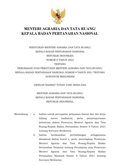 MENTERI AGRARIA DAN TATA RUANG/ KEPALA BADAN PERTANAHAN NASIONAL