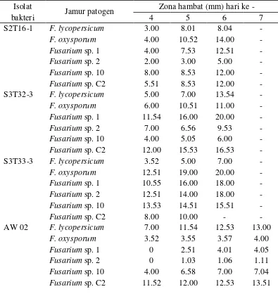 Gambar 2. Uji daya hambat bakteri antijamur dengan fungi patogen pengamatan pada hari ke tujuh, (A) bakteri S3T33-3 dengan Fusarium sp