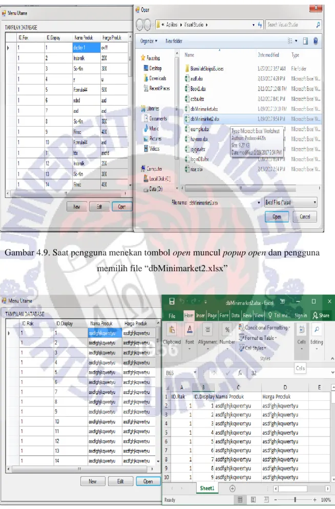 Gambar 4.9. Saat pengguna menekan tombol open muncul popup open dan pengguna  memilih file “dbMinimarket2.xlsx” 