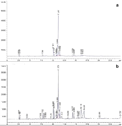 Gambar 8. Kromatogram hasil reaksi katalitik pada perbandingan atmosfer gas N2:H2 = 3:2, temperatur 120°C,  (a) pada menit ke 240 dan (b) pada menit ke 300 