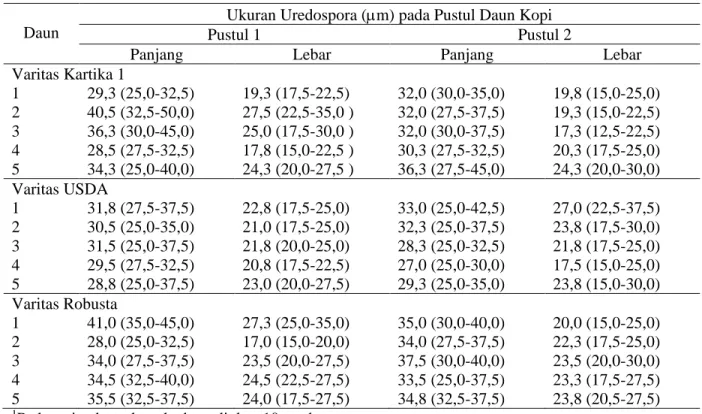 Tabel 1. Ukuran uredospora H. vastatrix yang diisolasi dari daun kopi 1 