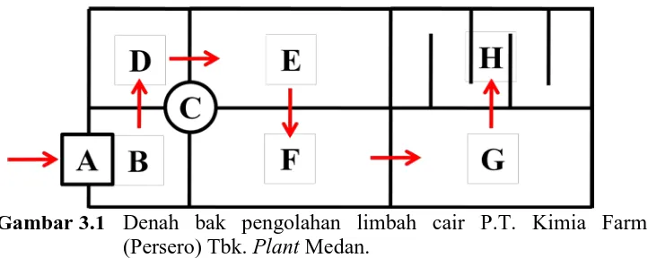 Gambar 3.1   Denah bak pengolahan limbah cair P.T. Kimia Farma (Persero) Tbk. Plant Medan