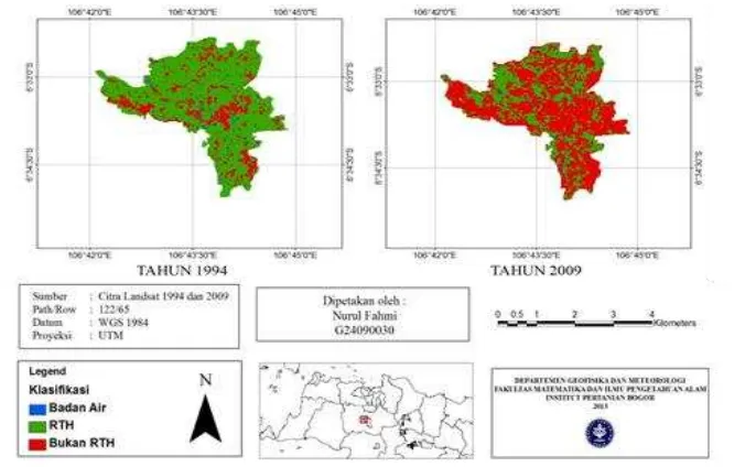 Gambar 3 Penutupan lahan kawasan kampus IPB tahun 1994 (kiri) dan tahun 2009 (kanan) hasil pengolahan Landsat 