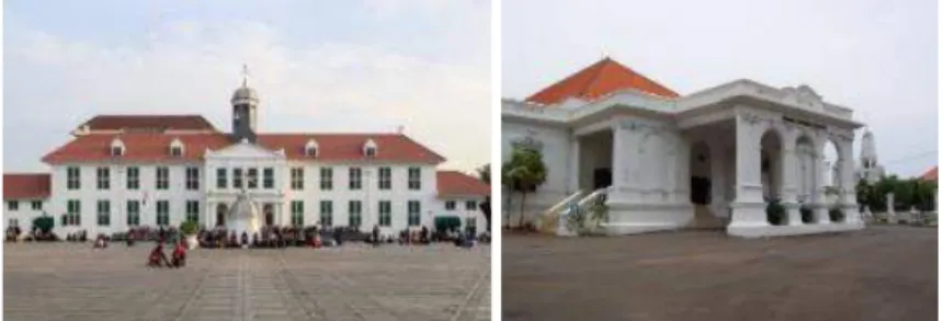 Gambar 4. Penerapan pewarnaan yang serupa di bangunan peninggalan kolonial Belanda  di Museum Fatahillah (kiri) dan Gedung Kesenian Jakarta (kanan) 