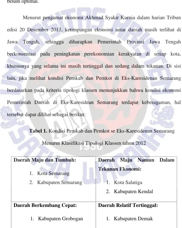 Tabel 1. Kondisi Pemkab dan Pemkot se Eks-Karesidenan Semarang Menurut Klasifikasi Tipologi Klassen tahun 2012