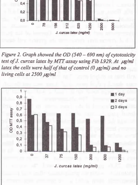 Figure 2. Graph showed the test OD (540 - 690 nn) olcytotoxicityof J. curcas latq by MTT assay using Fib L929