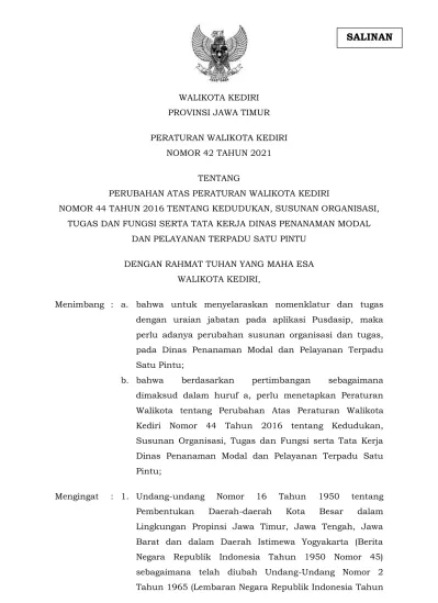 WALIKOTA KEDIRI PROVINSI JAWA TIMUR PERATURAN WALIKOTA KEDIRI NOMOR 42 ...