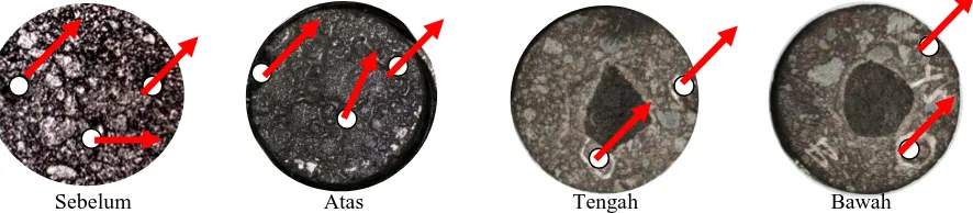 Gambar 6. Posisi batu sintetis dibagian atas,tengah, dan bawah benda uji dengan pemadatan APRS sesudah 45 lintasan