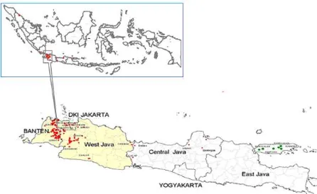 Figure 1 shows the location of the study areas in three districts in the western part of Java Island