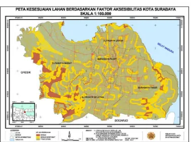 Gambar 4 Peta Kesesuaian Lahan untuk Perumahan kelas menengah berdasar Faktor Aksesibilitas di Kota SurabayaSkala 1:100.000 