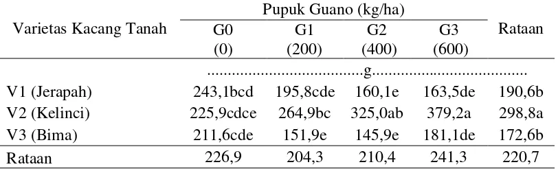 Tabel 7. Bobot biji per plot tiga varietas kacang tanah terhadap dosis pupuk   guano. 