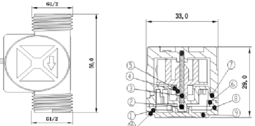Gambar 9. Mechanic Dimensi Water Flow Sensor  (Muhammad Syarif, 2014) 
