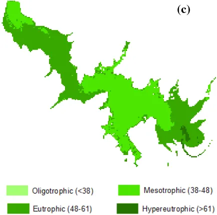 Gambar 7. Peta sebaran indeks status trofik tiap parameter; (a) SDT; (b) klorofil-a; dan (c) TP