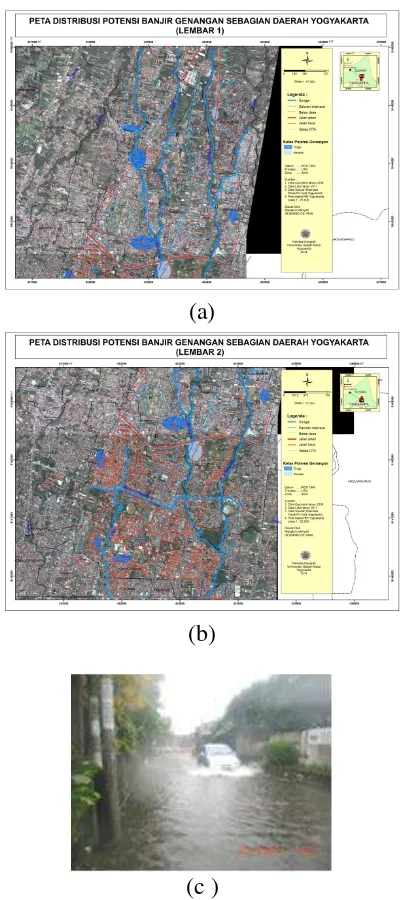 Gambar 5 . Peta Distribusi Potensi Banjir Genangan sebagian Daerah Yogyakarta(a&b), Foto genangan di Jl Gondang raya, Condong Catur