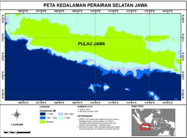 Gambar 2. Peta batimetri/ kedalaman Perairan di Selatan Jawa. Peta ini digunakan sebagai  acuan dalam pembuatan dan pelepaskan rumah ikan agar sesuai dengan harapan