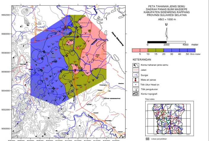 Gambar 3. Peta sama tahanan jenis semu AB/2=1000 m daerah panas bumi Massepe 