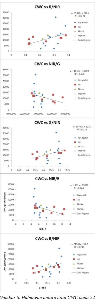 Gambar 7. Hubungan antara nilai CWC pada 11 sampel vegetasi kayuputih dengan nilai aritmatik saluran/band 
