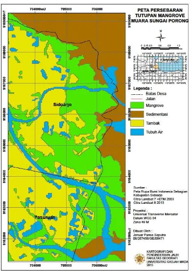 Gambar 4. Peta sebaran tutupan mangrove  di muara sungai Porong 