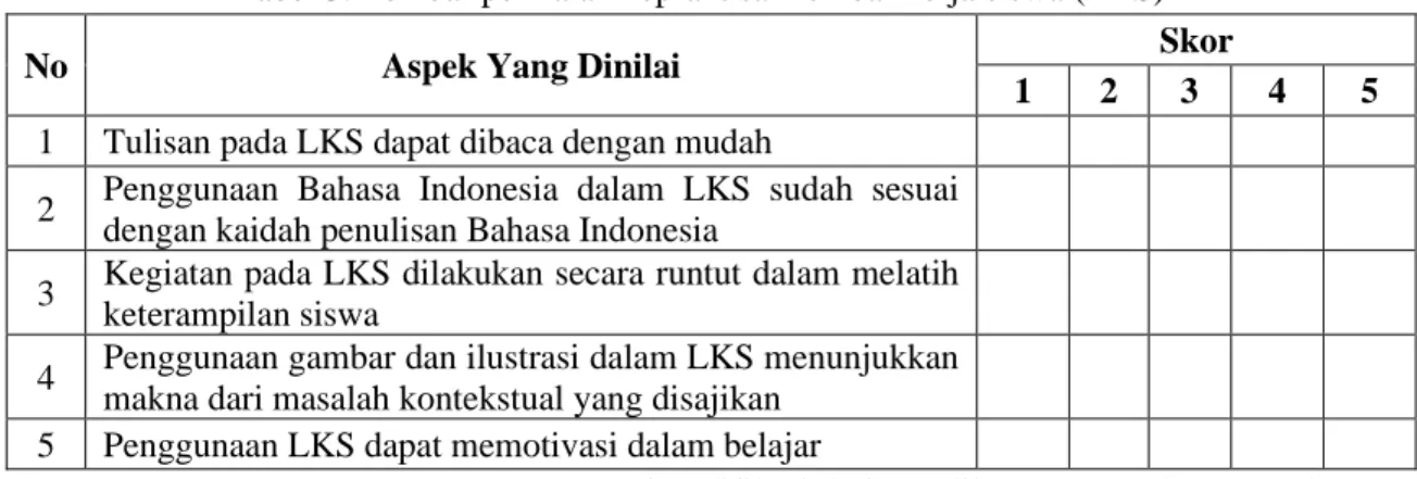 Tabel 3. Lembar penilaian kepraktisan lembar kerja siswa (LKS) 