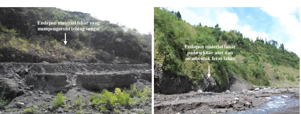 Gambar 10.  Endapan lahar di salah satu penggal sungai yang mempengaruhi tebing sungai dan membentuk teras sungai  (Sumber : Foto Lapangan, 2014) 