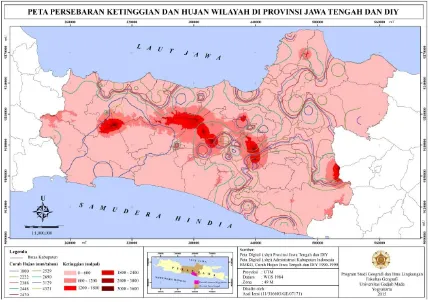 Gambar 4. Gambar 4. Peta Hubungan Curah Hujan dan Ketinggian Jawa Tengah dan DIY Tahun 1990-1999 