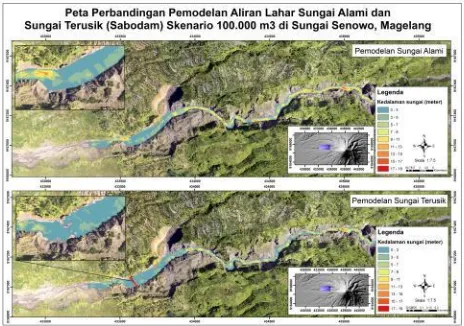 Gambar 8 Perbandingan Pemodelan Sungai Alami dan Sungai Terusik di Sungai Senowo dengan Skenario Volume 100.000 m3 