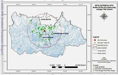 Gambar 2.4 Peta distribusi situ buffer 20 km situ Kemuning sebagai titik sentral 