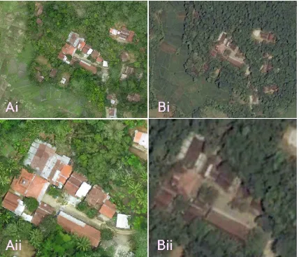 Gambar 11. Perbandingan citra foto udara (A), dengan citra resolusi tinggi di google earth (B) 