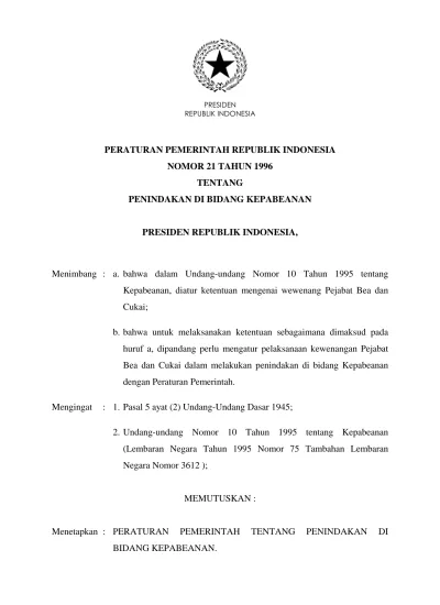 Peraturan Pemerintah Republik Indonesia Nomor 21 Tahun 1996 Tentang