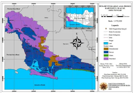 Gambar 1 Peta Bentuklahan Asal Proses dan Lokasi Pengambilan Sampel Airtanah di Kabupaten Cilacap Sumber: Hasil Olah Data 
