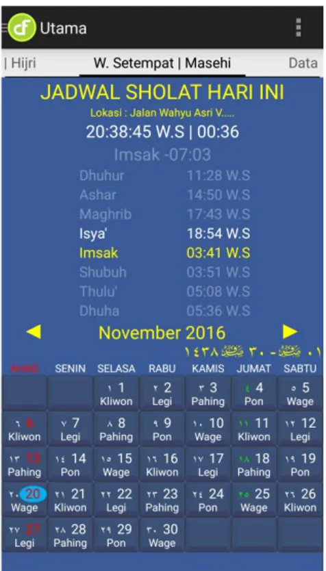 Gambar 5: jadwal waktu salat  dalam aplikasi  Digital Falak pada 20 November 2016 