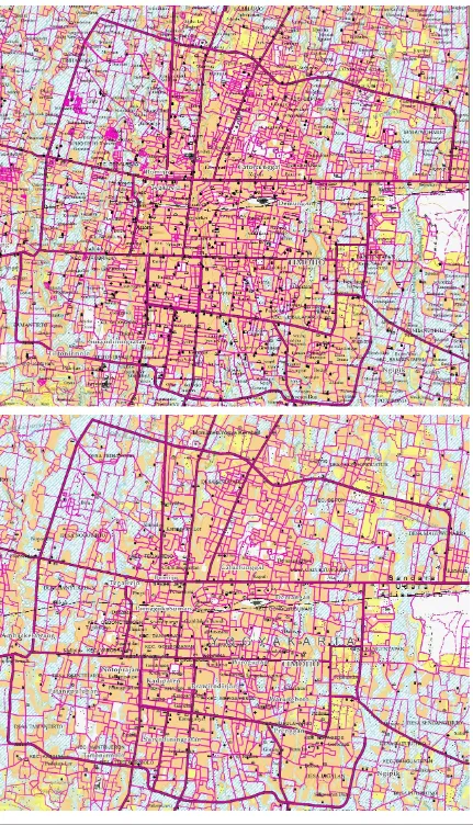 Gambar 11. Peta skala 1:50.000 hasil pengecilan software (atas) dan peta skala 1:50.000 hasil 
