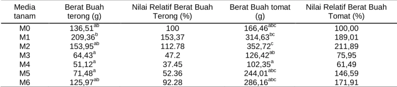 Gambar 10. Pengaruh media tanam pasir Merapi dan  serat  kayu  aren  terhadap  berat  buah  terong per butir