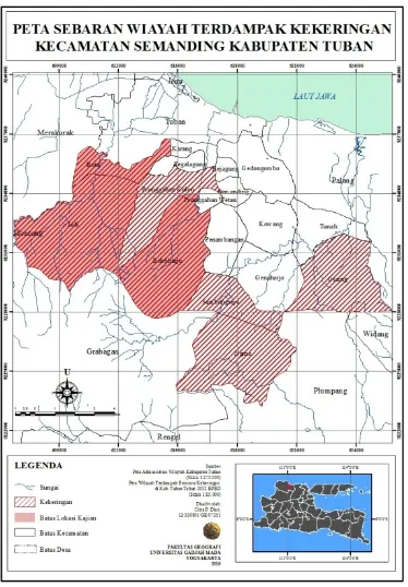 Gambar 1. Peta sebaran wilayah terdampak bencana kekeringan di Kecamatan Semanding tahun 2012 