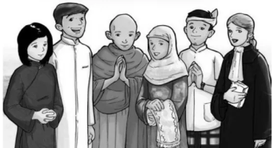 Ilustrasi  tersebut  menunjukkan  keberagaman  agama  di  Indonesia  yang  keberadaannya  dijamin dalam UUD 1945 pasal …