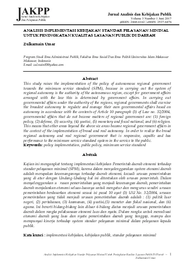 ANALISIS IMPLEMENTASI KEBIJAKAN STANDAR PELAYANAN MININAL UNTUK ...